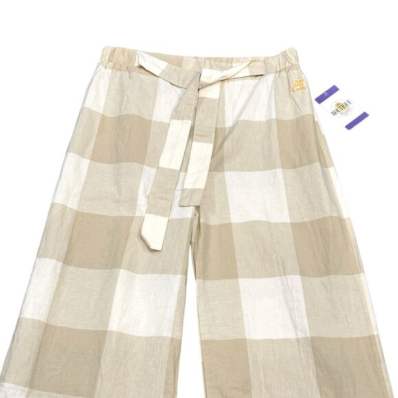 NWT Isadora Womens M Wide Leg Pull On Pants Beige White Checkered Tie Waist - Picture 2 of 15